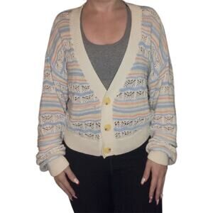 Pastel Crochet Knit Cardigan Cropped Open Weave Button Front Cottagecore Sz L